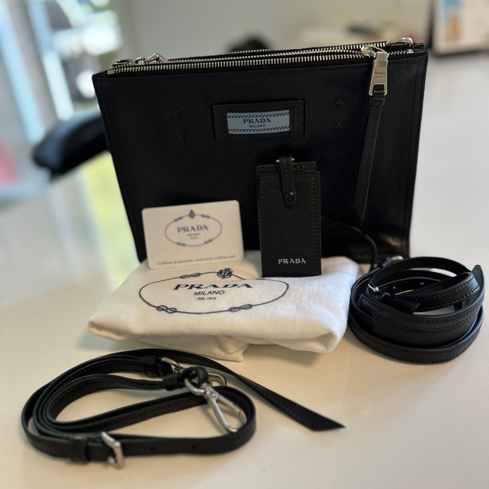 ❌ SOLD ❌Prada Glace Calf Etiquette Double Zip Crossbody Bag Pomice Astrale
